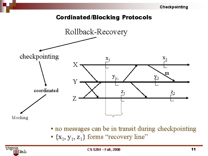 Checkpointing Cordinated/Blocking Protocols Rollback Recovery checkpointing X Y x 2 x 1 y 1