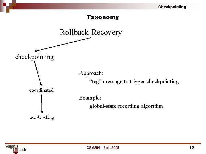 Checkpointing Taxonomy Rollback Recovery checkpointing Approach: “tag” message to trigger checkpointing coordinated Example: global