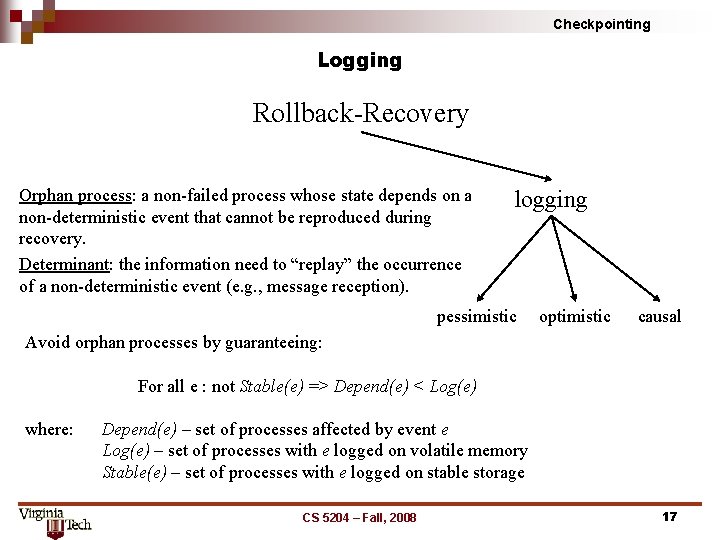 Checkpointing Logging Rollback Recovery Orphan process: a non failed process whose state depends on