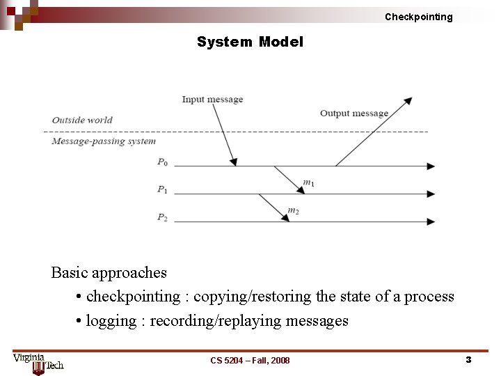 Checkpointing System Model Basic approaches • checkpointing : copying/restoring the state of a process
