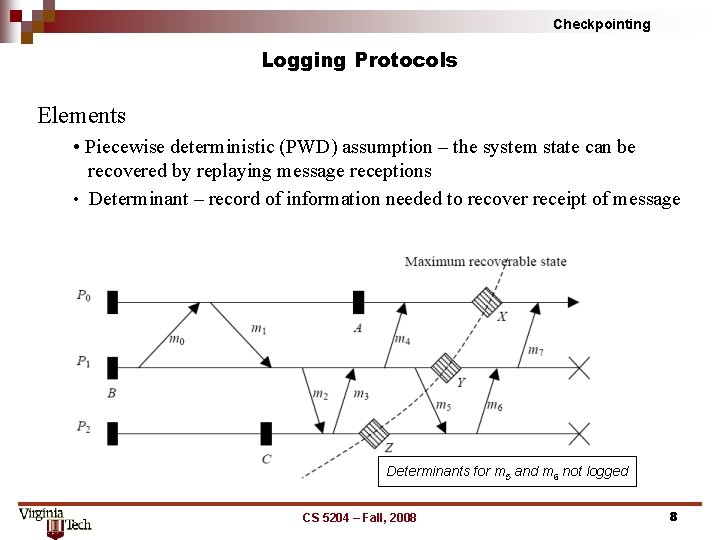 Checkpointing Logging Protocols Elements • Piecewise deterministic (PWD) assumption – the system state can