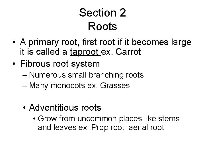 Section 2 Roots • A primary root, first root if it becomes large it