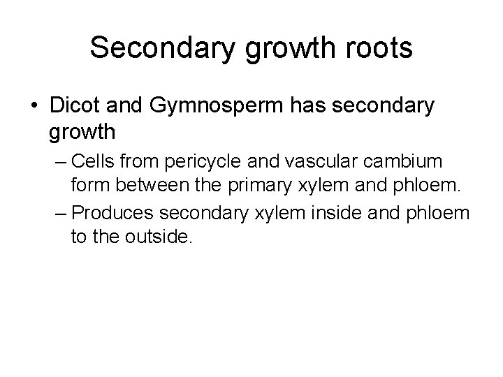 Secondary growth roots • Dicot and Gymnosperm has secondary growth – Cells from pericycle