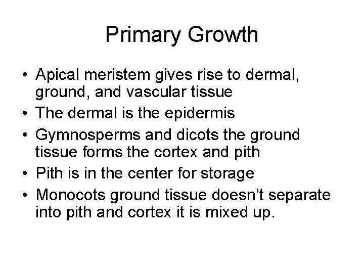 Primary Growth • Apical meristem gives rise to dermal, ground, and vascular tissue •