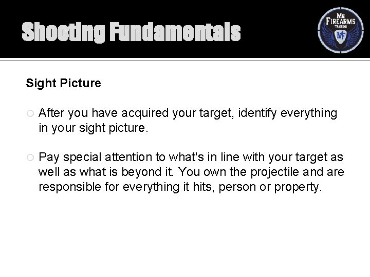 Shooting Fundamentals Sight Picture After you have acquired your target, identify everything in your