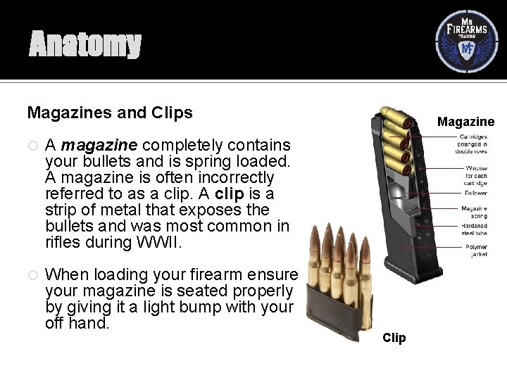 Anatomy Magazines and Clips A magazine completely contains your bullets and is spring loaded.