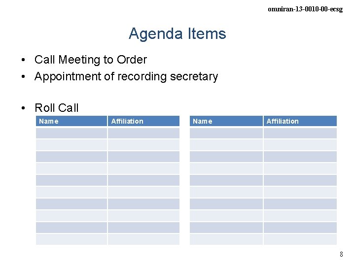 omniran-13 -0010 -00 -ecsg Agenda Items • Call Meeting to Order • Appointment of