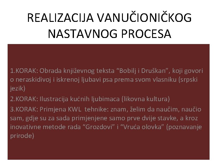 REALIZACIJA VANUČIONIČKOG NASTAVNOG PROCESA 1. KORAK: Obrada književnog teksta “Bobilj i Druškan”, koji govori