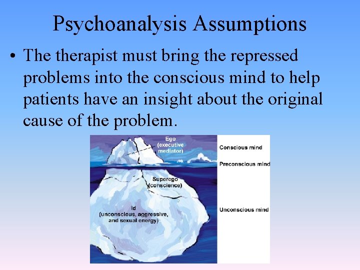 Psychoanalysis Assumptions • The therapist must bring the repressed problems into the conscious mind