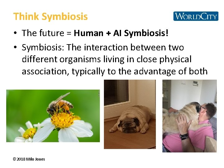 Think Symbiosis • The future = Human + AI Symbiosis! • Symbiosis: The interaction