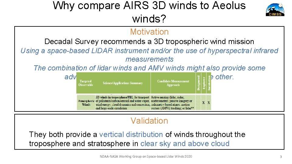 Why compare AIRS 3 D winds to Aeolus winds? Motivation Decadal Survey recommends a