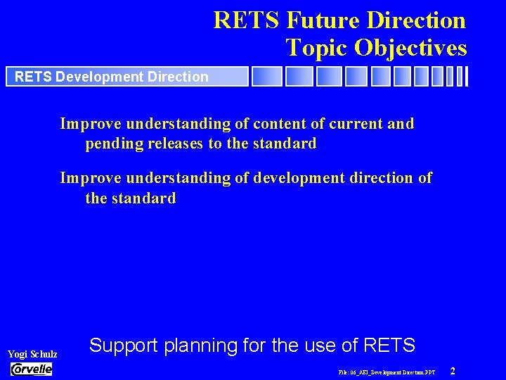 RETS Future Direction Topic Objectives RETS Development Direction Improve understanding of content of current