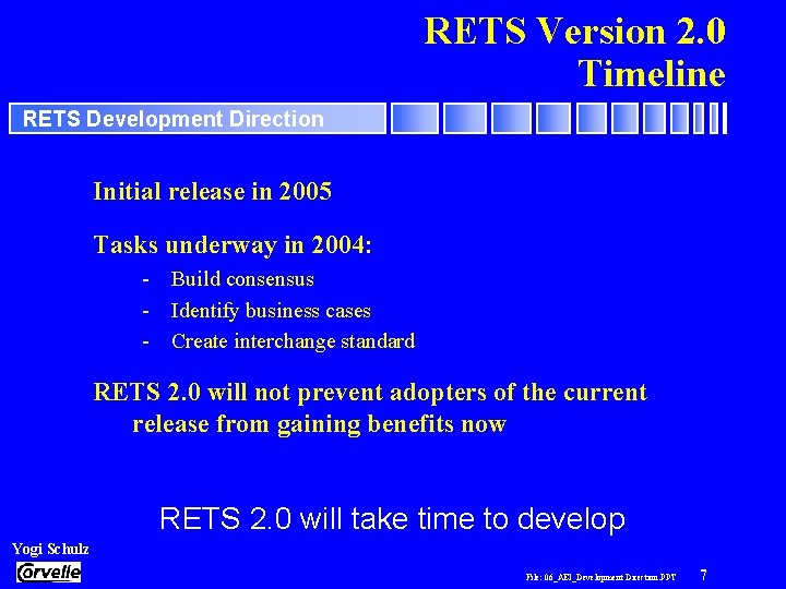 RETS Version 2. 0 Timeline RETS Development Direction Initial release in 2005 Tasks underway