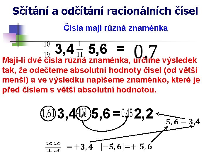 Sčítání a odčítání racionálních čísel Čísla mají různá znaménka 3, 4 5, 6 =