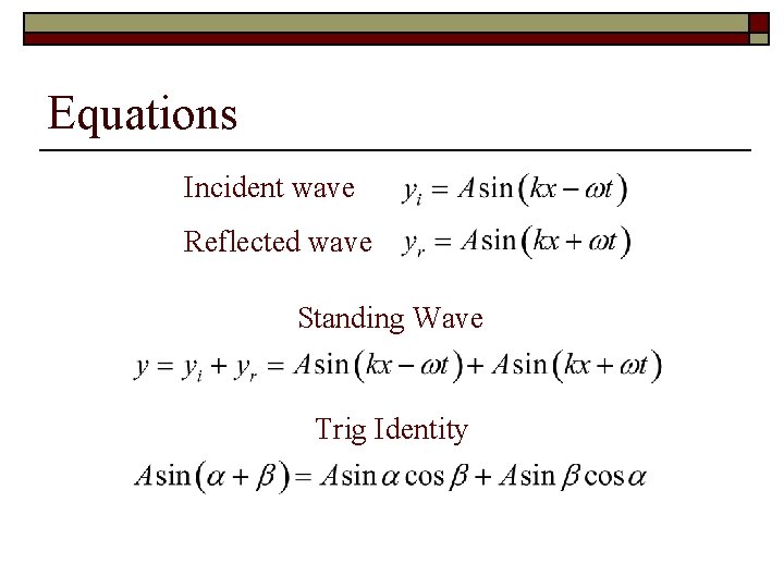 Equations Incident wave Reflected wave Standing Wave Trig Identity 