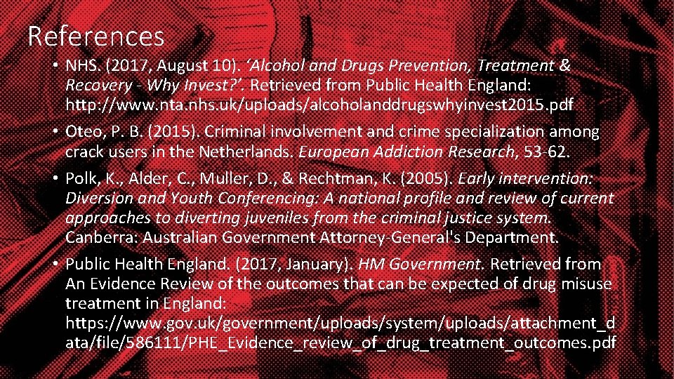 References • NHS. (2017, August 10). ‘Alcohol and Drugs Prevention, Treatment & Recovery -