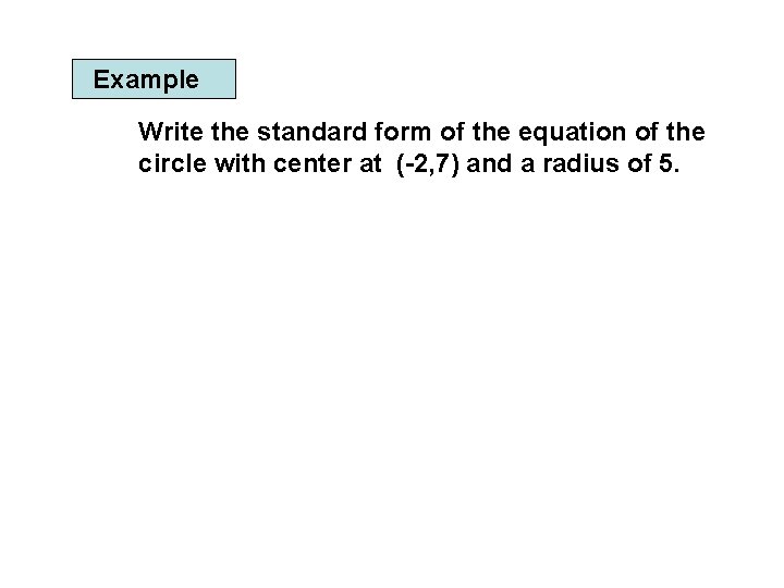 Example Write the standard form of the equation of the circle with center at