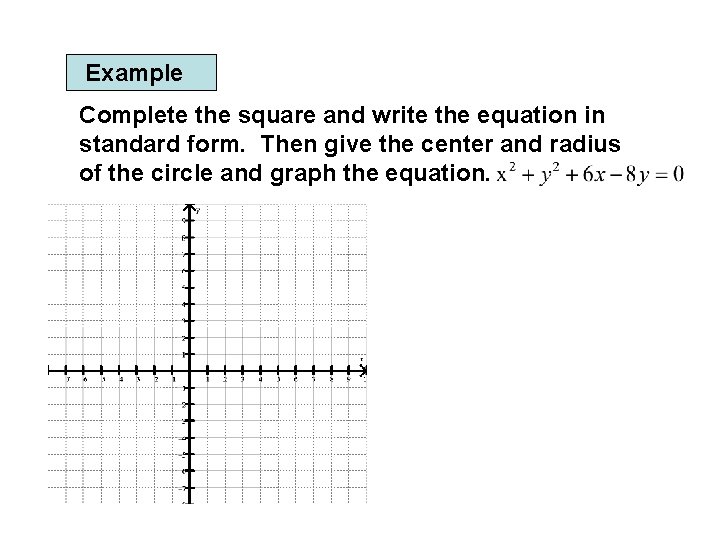 Example Complete the square and write the equation in standard form. Then give the