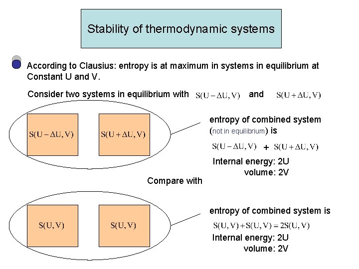 Stability of thermodynamic systems According to Clausius: entropy is at maximum in systems in