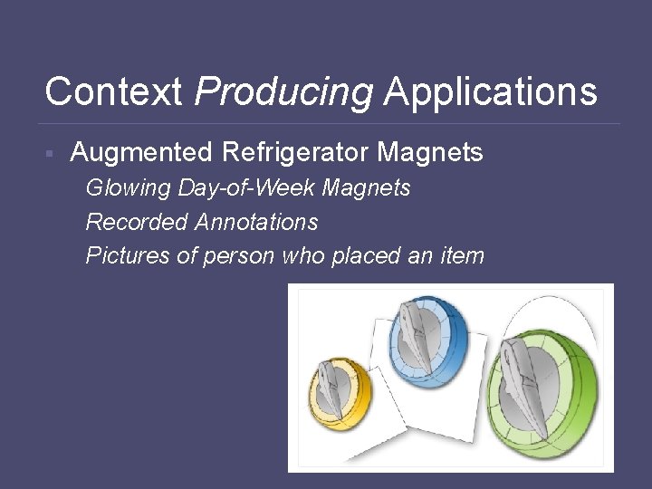 Context Producing Applications § Augmented Refrigerator Magnets Glowing Day-of-Week Magnets Recorded Annotations Pictures of
