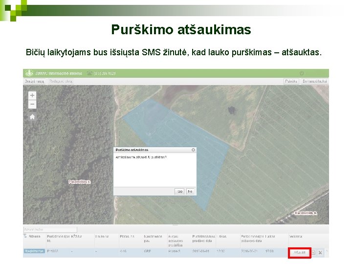 Purškimo atšaukimas Bičių laikytojams bus išsiųsta SMS žinutė, kad lauko purškimas – atšauktas. 