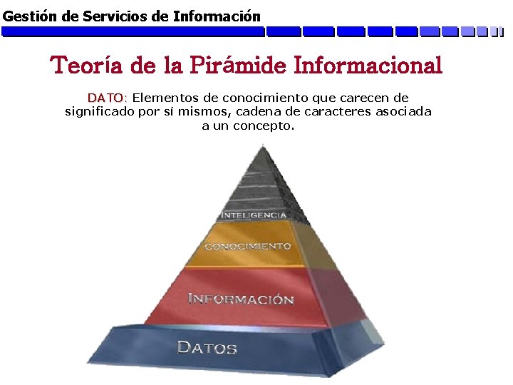 Gestión de Servicios de Información Teoría de la Pirámide Informacional DATO: Elementos de conocimiento