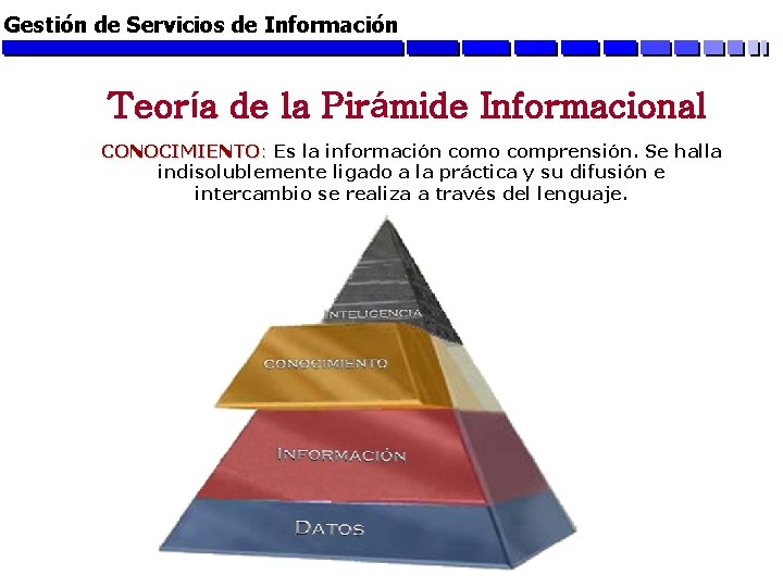 Gestión de Servicios de Información Teoría de la Pirámide Informacional CONOCIMIENTO: Es la información