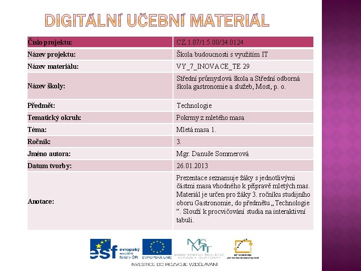 Číslo projektu: CZ. 1. 07/1. 5. 00/34. 0124 Název projektu: Škola budoucnosti s využitím