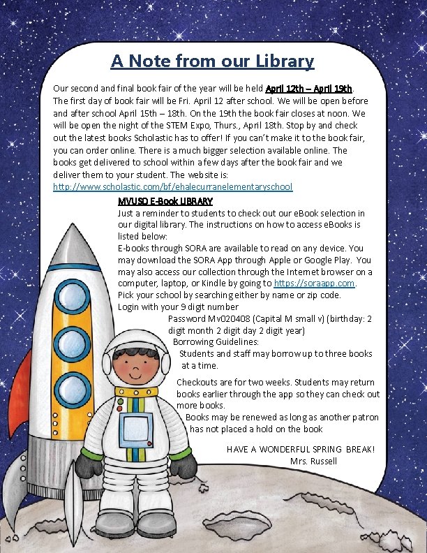 A Note from our Library Our second and final book fair of the year