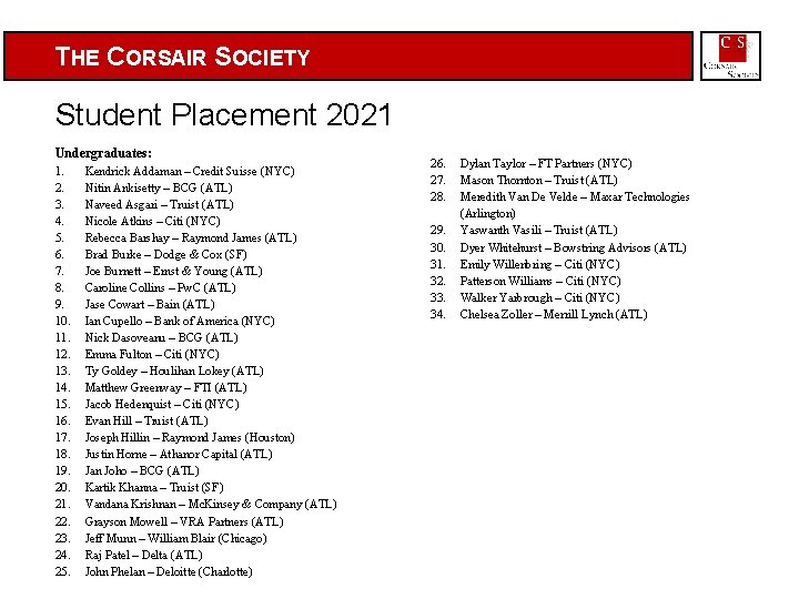 THE CORSAIR SOCIETY Student Placement 2021 Undergraduates: 1. Kendrick Addaman – Credit Suisse (NYC)