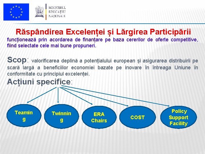 Răspândirea Excelenței și Lărgirea Participării funcționează prin acordarea de finanțare pe baza cererilor de