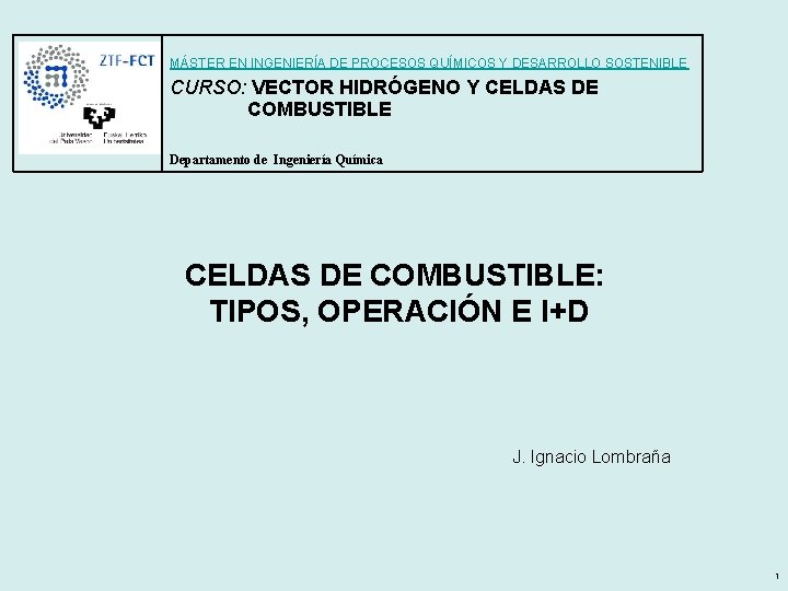 MÁSTER EN INGENIERÍA DE PROCESOS QUÍMICOS Y DESARROLLO SOSTENIBLE CURSO: VECTOR HIDRÓGENO Y CELDAS