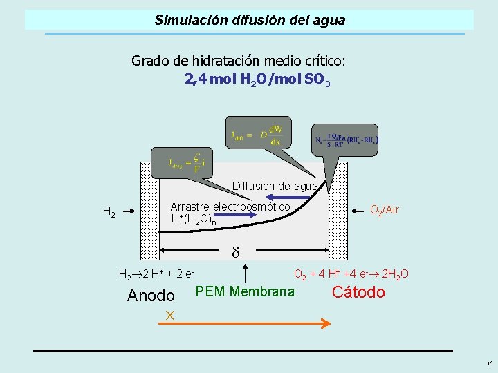 Simulación difusión del agua Grado de hidratación medio crítico: 2, 4 mol H 2