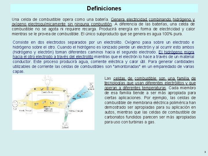 Definiciones Una celda de combustible opera como una batería. Genera electricidad combinando hidrógeno y