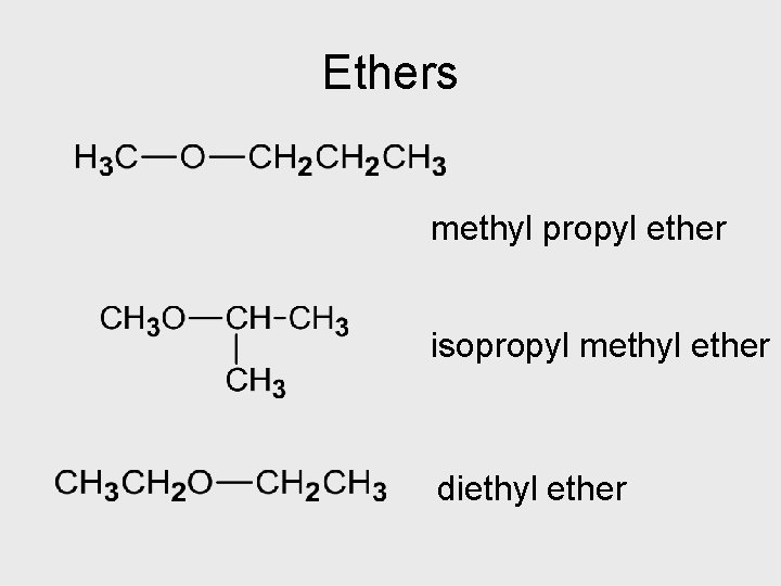 Ethers methyl propyl ether isopropyl methyl ether diethyl ether 