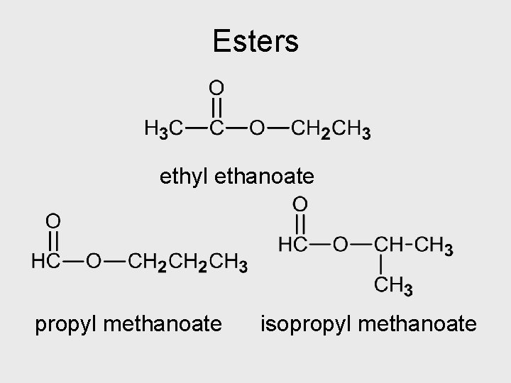 Esters ethyl ethanoate propyl methanoate isopropyl methanoate 