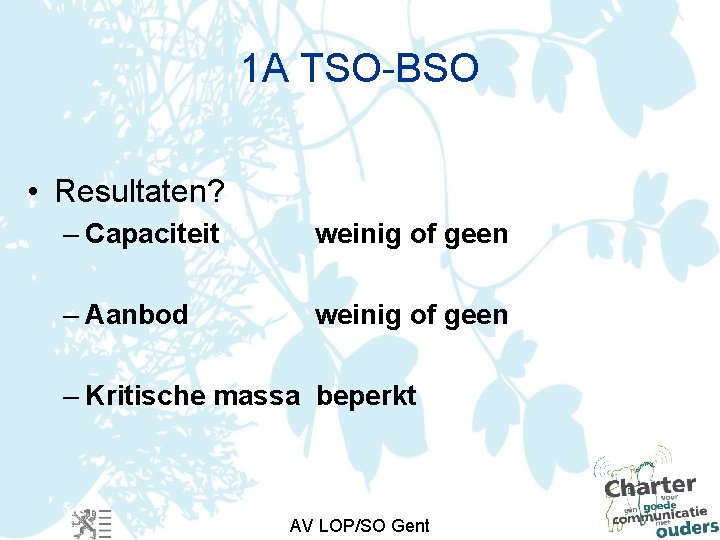 1 A TSO-BSO • Resultaten? – Capaciteit weinig of geen – Aanbod weinig of