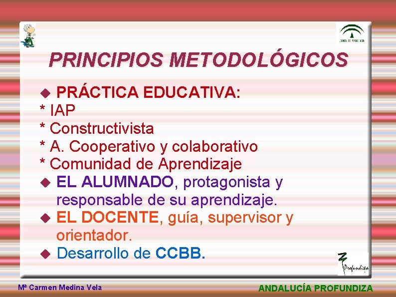 PRINCIPIOS METODOLÓGICOS PRÁCTICA EDUCATIVA: * IAP * Constructivista * A. Cooperativo y colaborativo *