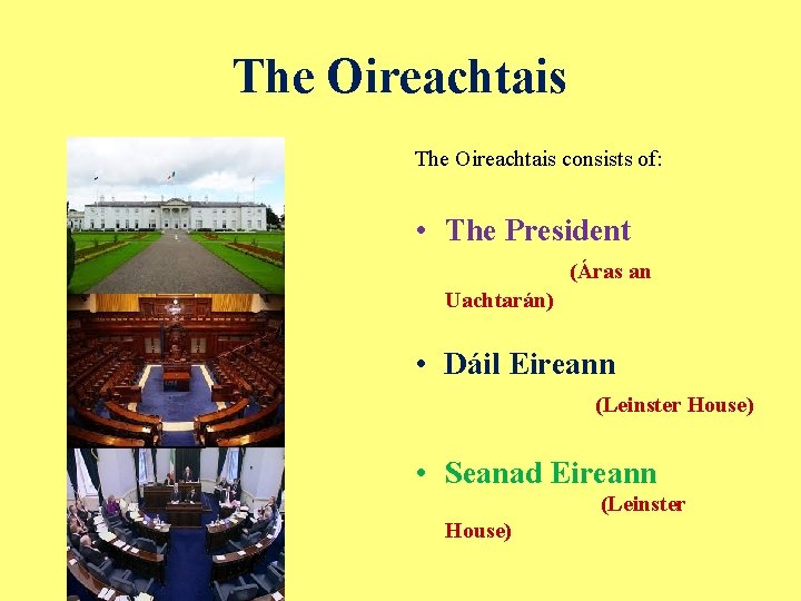 The Oireachtais consists of: • The President (Áras an Uachtarán) • Dáil Eireann (Leinster