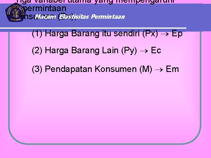 Tiga variabel utama yang mempengaruhi permintaan Macam (Dx), Elastisitas Permintaan konsumen (1) Harga Barang