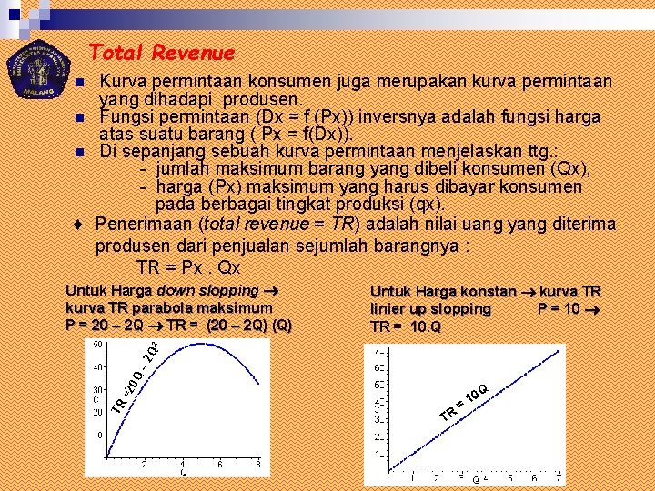 Total Revenue Kurva permintaan konsumen juga merupakan kurva permintaan yang dihadapi produsen. n Fungsi Total Revenue Kurva permintaan konsumen juga merupakan kurva permintaan yang dihadapi produsen. n Fungsi
