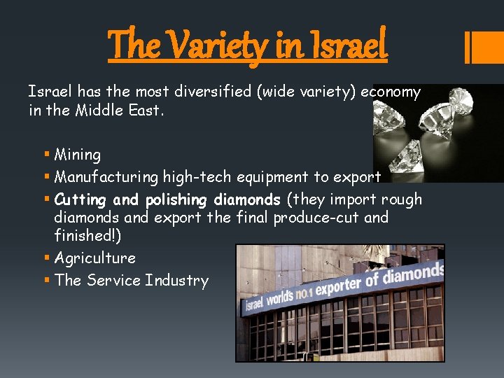 The Variety in Israel has the most diversified (wide variety) economy in the Middle
