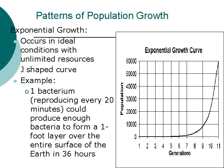 Patterns of Population Growth ¡ Exponential Growth: l Occurs in ideal conditions with unlimited
