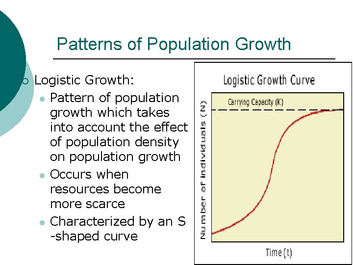 Patterns of Population Growth ¡ Logistic Growth: l Pattern of population growth which takes