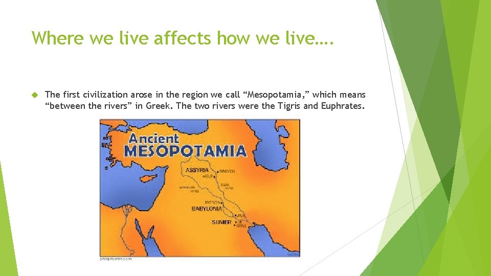Where we live affects how we live…. The first civilization arose in the region