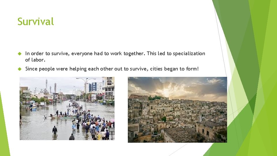 Survival In order to survive, everyone had to work together. This led to specialization