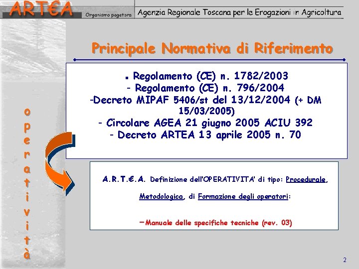 Principale Normativa di Riferimento. Regolamento (CE) n. 1782/2003 o p e r a t