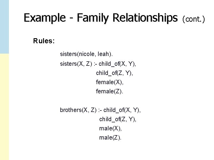 Example - Family Relationships Rules: sisters(nicole, leah). sisters(X, Z) : - child_of(X, Y), child_of(Z,