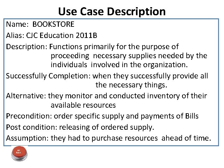 Use Case Description Name: BOOKSTORE Alias: CJC Education 2011 B Description: Functions primarily for
