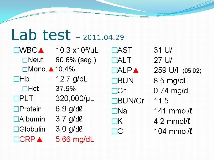 Lab test – 2011. 04. 29 �WBC▲ 10. 3 x 10³/μL �Neut. 60. 6%